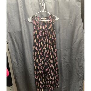 Sleeveless Button‎ Down Feather Print Midi Dress Casual Summer  Womens